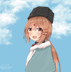 Rule 34 | 1girl, :d, absurdres, black hat, blue shawl, blue sky, brown eyes, brown hair, from side, fur hat, hair ornament, hairclip, hat, highres, kantai collection, long hair, looking at viewer, low twintails, numarinko, open mouth, papakha, ribbon trim, scarf, shawl, sky, smile, solo, star (symbol), tashkent (kancolle), twintails, upper body, white scarf