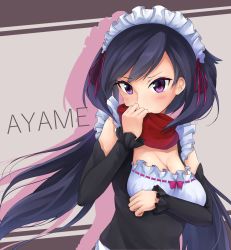 Rule 34 | 10s, 1girl, alternate costume, ayame (gundam build divers), black hair, blush, breast hold, breasts, character name, cleavage, commentary request, detached sleeves, embarrassed, english text, enmaided, frills, gundam, gundam build divers, highres, low ponytail, maid, maid headdress, medium breasts, minami machi, purple eyes, red scarf, scarf, silhouette, solo, split ponytail