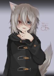 Rule 34 | 1girl, absurdres, animal ear fluff, animal ears, black coat, black collar, blue eyes, coat, collar, commission, dog ears, dog girl, dog tail, ear down, gradient background, grey background, grey hair, hasuki rui, heterochromia, highres, hood, hood down, hooded coat, indie virtual youtuber, licking lips, light brown hair, long sleeves, looking at viewer, medium hair, multicolored hair, mushoku loli, red eyes, second-party source, skeb commission, tail, tongue, tongue out, two-tone hair, unaligned ears, virtual youtuber