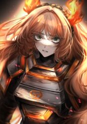 1girl armor black_shirt breastplate brown_hairband freckles green_eyes hairband highres ishmael_(project_moon) limbus_company long_hair looking_at_viewer luull open_mouth orange_hair project_moon shirt shoulder_armor skin_tight solo teeth very_long_hair