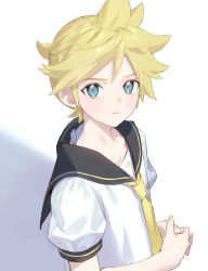 Rule 34 | 1boy, aqua eyes, bass clef, black sailor collar, blonde hair, collarbone, expressionless, from above, highres, kagamine len, looking at viewer, male focus, musical note, musical note print, nail polish, naoko (naonocoto), necktie, own hands together, sailor collar, school uniform, shirt, short ponytail, short sleeves, solo, spiked hair, upper body, vocaloid, white background, white shirt, yellow nails, yellow necktie
