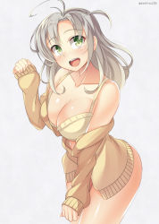 Rule 34 | 10s, 1girl, ahoge, alternate costume, bad id, bad pixiv id, bra, breasts, cardigan, cleavage, green eyes, kankitsunabe (citrus), kantai collection, kinugasa (kancolle), leaning forward, long hair, medium breasts, off shoulder, open mouth, silver hair, sleeves past wrists, solo, sweater, underwear