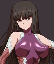 Rule 34 | &gt;:(, 10s, 1girl, a1 (initial-g), bags under eyes, bare shoulders, black background, black eyes, black hair, bodysuit, breasts, cosplay, covered erect nipples, elbow gloves, fishnets, frown, girls und panzer, gloves, head tilt, igawa asagi (cosplay), impossible clothes, large breasts, long hair, looking at viewer, mature female, nishizumi shiho, perky breasts, purple bodysuit, shiny clothes, shiny skin, simple background, solo, taimanin (series), taimanin asagi, taimanin suit, upper body, v-shaped eyebrows