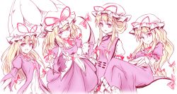 Rule 34 | 4girls, :d, adapted costume, arm up, blonde hair, bow, breasts, choker, collarbone, commentary request, corset, crossed legs, curiosities of lotus asia, dress, folded fan, folding fan, frilled dress, frills, gap (touhou), gloves, hair between eyes, hair bow, hair up, hand fan, hat, hat ribbon, holding, holding umbrella, long hair, long sleeves, looking at viewer, medium breasts, minust, mob cap, multiple girls, multiple persona, open mouth, outstretched arm, petticoat, purple dress, purple eyes, red bow, red choker, red ribbon, ribbon, ribbon choker, shirt, short dress, short sleeves, sidelocks, simple background, sitting, sketch, small breasts, smile, tabard, touhou, umbrella, white background, white dress, white gloves, white headwear, yakumo yukari, yakumo yukari (young)