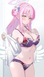 Rule 34 | 1girl, absurdres, angel wings, blue archive, blunt bangs, blush, breasts, cleavage, collarbone, cowboy shot, crotch, dress shirt, feathered wings, floral print, flower, hair bun, hair flower, hair ornament, halo, highres, large breasts, lingerie, long hair, looking at viewer, low wings, mika (blue archive), navel, open clothes, open shirt, pink hair, pink halo, scrunchie, see-through, shirt, single side bun, solo, tareme, underwear, undressing, upper body, vayneeeee, white wings, wings, yellow eyes