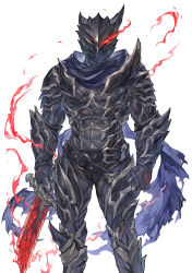 Rule 34 | 1boy, absurdres, armor, aura, belt buckle, blue scarf, breastplate, broken, broken sword, broken weapon, buckle, clenched hand, copyright request, dark aura, fake horns, flaming eye, full armor, gauntlets, glowing, glowing sword, glowing weapon, graves, helmet, highres, holding, holding sword, holding weapon, horned helmet, horns, male focus, o-ring, official art, pauldrons, scarf, shoulder armor, simple background, solo, spiked armor, spikes, sword, tapioka chaso, torn, torn clothes, torn scarf, vambraces, weapon, white background