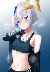 Rule 34 | 1girl, absurdres, amane kanata, blue hair, blush, breasts, collarbone, colored inner hair, flying sweatdrops, gradient background, grey hair, hair between eyes, hair ornament, halo, hand on own chest, highres, hololive, jacket, jacket partially removed, looking at viewer, multicolored hair, navel, off shoulder, open mouth, purple eyes, short hair, simple background, single hair intake, small breasts, sports bra, star halo, steam, steaming body, stomach, streaked hair, sweat, triangle del, upper body, virtual youtuber