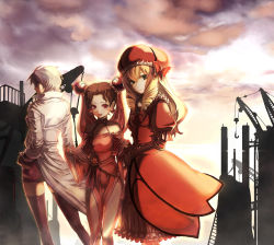 Rule 34 | 3girls, bad id, bad pixiv id, bare shoulders, blonde hair, bow, brooch, brown hair, bun cover, cave (developer), chinese clothes, coat, crane (machine), dodonpachi, dodonpachi daioujou, double bun, dress, drill hair, earrings, elbow gloves, exy, fingerless gloves, gloves, green eyes, hair bow, hand on own hip, hat, hip focus, jewelry, leinyan, long hair, multiple girls, open mouth, red eyes, shorts, shotia, silver hair, sunset, thighhighs, uuta (uturautouto)