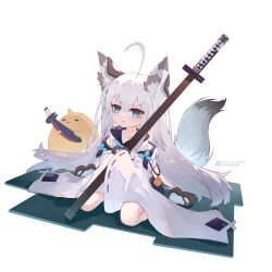Rule 34 | 1girl, 1other, absurdres, aged down, ahoge, animal ears, azur lane, black gloves, blue eyes, chinese commentary, collarbone, commentary request, detached sleeves, dress, fox ears, fox girl, fox tail, gloves, hair between eyes, highres, holding, holding sword, holding weapon, kawakaze (azur lane), liwendala, long hair, manjuu (azur lane), okobo, parted lips, pixiv id, platform footwear, sandals, simple background, sitting, sleeveless, sleeveless dress, socks, solo focus, sword, tabi, tail, wariza, weapon, white background, white dress, white hair, white sleeves, white socks, wide sleeves