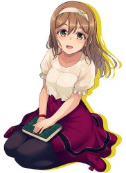 Rule 34 | 10s, 1girl, :d, black pantyhose, blouse, blush, book, bow, bright pupils, brown eyes, brown hair, collarbone, footwear bow, frilled sleeves, frills, full body, hairband, hand on lap, highres, knees together feet apart, kunikida hanamaru, long hair, looking at viewer, love live!, love live! school idol festival, love live! sunshine!!, nanotsuki, open mouth, pantyhose, pink bow, pink footwear, pink skirt, puffy short sleeves, puffy sleeves, round teeth, see-through, shirt, shoes, short sleeves, sitting, skirt, smile, solo, tareme, teeth, wariza, white hairband, wristband