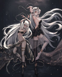Rule 34 | 2girls, armlet, arms up, asymmetrical legwear, backless outfit, black dress, bracelet, breasts, chain, choker, circlet, commentary, commission, cuffs, dancer, dancing, dark-skinned female, dark skin, dress, english commentary, fantasy, full body, garter straps, gold trim, grey hair, highres, horns, jewelry, long hair, medium breasts, mole, mole under eye, multiple girls, navel, original, pelvic curtain, plantar flexion, pointy ears, red eyes, revealing clothes, see-through, shackles, slit pupils, small breasts, tail, thighhighs, thighlet, tiptoes, very long hair, yuzuriha (atelier liang)