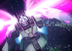 Rule 34 | flying, gm cannon ii, gundam, gundam 0083, looking at viewer, mecha, mobile suit, open hand, robot, science fiction, serike w, shield, signature, solo, space