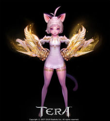 Rule 34 | + +, 1girl, ahoge, animal ears, aqua eyes, armor, bare legs, black background, brawler (tera online), breasts, cat tail, copyright name, dress, elin, full body, gauntlets, hands on own hips, highres, legs apart, lips, looking at viewer, multicolored eyes, official art, parted lips, purple eyes, red pupils, sehee, shoes, short dress, short hair, shoulder armor, simple background, small breasts, solo, standing, tail, tera online, white dress, white hair