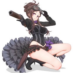 Rule 34 | 1girl, adjusting eyewear, aiming, aiming at viewer, belt, black footwear, black gloves, black skirt, boots, bow, breasts, brown belt, brown hair, commentary request, dorothy (princess principal), folded ponytail, gloves, goggles, goggles on head, gun, hand on eyewear, handgun, holding, holding gun, holding weapon, large breasts, long sleeves, looking at viewer, microskirt, on one knee, princess principal, purple bow, purple eyes, shadow, shakunetsujigoku, showgirl skirt, sidelocks, simple background, skirt, solo, weapon, white background