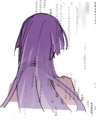Rule 34 | 1girl, character request, chinese text, copyright request, facing away, from behind, long hair, purple hair, simple background, solo, tkwkai, upper body, white background