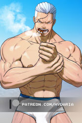 Rule 34 | 1boy, abs, bad tag, bara, boxer briefs, bulge, cigar, cowboy shot, facial hair, frown, hair slicked back, hands up, hydaria, large pectorals, looking at viewer, male focus, male underwear, mature male, medium sideburns, muscular, muscular male, navel, nipples, one piece, paid reward available, pectorals, scar, scar on face, scar on forehead, short hair, sideburns, smoker (one piece), smoking, solo, stitches, stomach, strongman waist, stubble, topless male, underwear, watermark, white male underwear