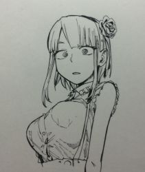 Rule 34 | 1girl, breasts, commentary request, dagashi kashi, flower, hair flower, hair ornament, hairband, kotoyama, large breasts, looking at viewer, medium hair, open mouth, shidare hotaru, simple background, solo, suspenders, upper body