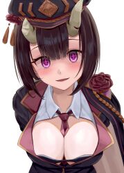 Rule 34 | + +, 1girl, arms behind back, between breasts, bikini, bikini top only, black bikini, black hat, black jacket, blunt bangs, blush, bob cut, breasts, broken horn, brown hair, cleavage, collarbone, commentary, crazy smile, demon girl, demon horns, dress shirt, eriko (commander) (princess connect!), eriko (princess connect!), flower, flower on shoulder, hat, hat flower, highres, horns, inverted bob, jacket, large breasts, leaning forward, looking at viewer, military hat, necktie, necktie between breasts, official alternate costume, partially unbuttoned, princess connect!, purple eyes, px-tea, red flower, red necktie, red rose, rose, shaded face, shirt, short hair, simple background, single shoulder pad, smile, solo, swimsuit, white background, white shirt, yandere
