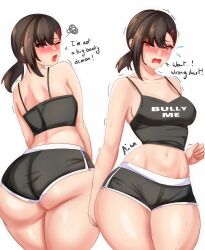 Rule 34 | 1girl, anisdrawn, ass, bare arms, bare shoulders, black hair, black shorts, blush, breasts, brown eyes, camisole, chainsaw man, cleavage, clothes writing, collarbone, commentary, crop top, higashiyama kobeni, highres, long hair, looking at viewer, low ponytail, medium breasts, midriff, multiple views, navel, nose blush, one eye closed, open mouth, short shorts, shorts, simple background, spaghetti strap, stomach, thick thighs, thighs, underbutt, white background