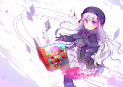 Rule 34 | 10s, 1girl, ace (playing card), ace of spades, alice (alice in wonderland), alice in wonderland, beret, black bow, black capelet, black dress, black gloves, black hat, black pantyhose, blush, book, bow, capelet, card, cheshire cat (alice in wonderland), club (shape), commentary request, diamond (shape), doll joints, dress, fate/extra, fate (series), frilled dress, frilled sleeves, frills, fur-trimmed capelet, fur trim, gloves, gothic lolita, hair between eyes, hair bow, hat, joints, lolita fashion, long hair, long sleeves, looking at viewer, nursery rhyme (fate), open book, pantyhose, playing card, purple eyes, silver hair, solo, spade (shape), striped, striped bow, very long hair, white rabbit (alice in wonderland), yingyemao