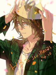 Rule 34 | 1boy, brown hair, character name, chinese commentary, closed mouth, commentary request, dated, flannel, green eyes, green shirt, hair between eyes, happy birthday, highres, isoi reiji, iuew, long sleeves, male focus, open clothes, open shirt, paper crown, plaid, plaid shirt, saibou shinkyoku, sanpaku, shirt, short hair, smile, solo, upper body, white shirt