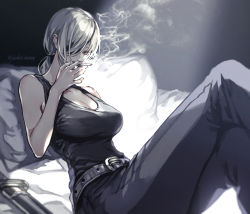 Rule 34 | 1girl, bare shoulders, bed, black tank top, breasts, chainsaw man, cigarette, cleavage, crossed legs, eyepatch, grey pants, highres, koshika rina, large breasts, low ponytail, pants, pillow, quanxi (chainsaw man), silver hair, smoke, smoking, sword, tank top, weapon