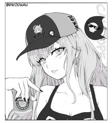 Rule 34 | 1girl, beer can, blush, can, character name, commentary, death-sensei (mori calliope), drink can, english text, greyscale, hat, hat writing, holding, holding can, hololive, hololive english, monochrome, mori calliope, parted lips, rikodamu1, teeth, twitter username, virtual youtuber