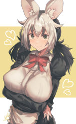 Rule 34 | 1girl, absurdres, animal ears, apron, arm at side, arm under breasts, black hair, bow, bowtie, breasts, closed mouth, collared apron, covered erect nipples, dress, frilled apron, frills, green eyes, grey hair, heart, highres, iparupua, kemono friends, large breasts, long hair, long sleeves, looking at viewer, multicolored hair, parted bangs, possum ears, puffy sleeves, red bow, red bowtie, smile, solo, twintails, two-tone hair, upper body, white-eared opossum (kemono friends), white apron, wing collar