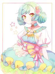 Rule 34 | 1girl, alternate hairstyle, aqua hair, bang dream!, bow, butterfly hair ornament, collar, detached collar, double bun, dress, frilled collar, frilled dress, frills, green eyes, group name, hair ornament, highres, hikawa hina, hinakano h, multicolored clothes, multicolored dress, see-through, see-through sleeves, short sleeves, smile, solo, star (symbol), star hair ornament, striped, striped bow, symbol-only commentary, white background