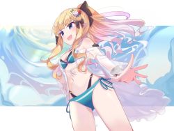 Rule 34 | 1girl, absurdres, blonde hair, blue eyes, blush, breasts, hair between eyes, hair ornament, highres, long hair, medium breasts, ponytail, princess connect!, roin, saren (princess connect!), solo, swimsuit