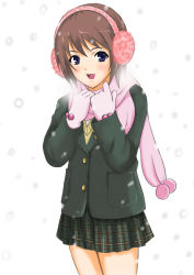 1girl absurdres bad_id bad_pixiv_id blue_eyes blush brown_hair earmuffs female_focus gloves highres jacket kaka mi_miko_and_ri_riko original plaid_clothes plaid_skirt scarf school_uniform short_hair skirt smile snow solo