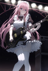 Rule 34 | 1girl, absurdres, alternate costume, apron, black bow, black dress, blue eyes, bocchi the rock!, bow, closed mouth, cube hair ornament, dress, electric guitar, enmaided, frilled apron, frilled dress, frills, gibson les paul, gotoh hitori, guitar, hair between eyes, hair ornament, highres, holding, holding instrument, instrument, long hair, looking at viewer, maid, maid apron, maid headdress, music, nacho (nacho 1103), one side up, pink hair, playing instrument, solo, thighhighs, white apron, white thighhighs