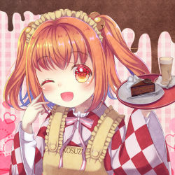 Rule 34 | 1girl, ;d, apron, arms up, bell, bow, bowtie, brown background, cake, cake slice, cappuccino, character name, checkered background, checkered clothes, checkered kimono, chocolate cake, clothes writing, commentary request, cup, drinking glass, finger to cheek, food, fork, furisode, hair bell, hair ornament, head tilt, heart, highres, holding, holding tray, japanese clothes, kimono, maid headdress, motoori kosuzu, neck ribbon, one eye closed, open mouth, pink background, plate, red eyes, red hair, ribbon, saucer, smile, solo, spoon, striped bow, striped bowtie, striped clothes, striped neckwear, striped ribbon, tomo takino, touhou, tray, twintails, valentine