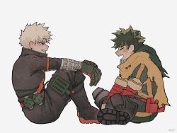 Rule 34 | 2boys, bakugou katsuki, belt, blonde hair, blush, boku no hero academia, cape, closed eyes, freckles, full body, gaagyeo, gloves, green gloves, green hair, highres, indian style, knees up, looking at another, male focus, midoriya izuku, multiple boys, open mouth, red eyes, short hair, simple background, sitting, smile, spiked hair, white background, yellow cape