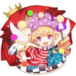 Rule 34 | 1girl, american flag dress, american flag legwear, blonde hair, checkered floor, chibi, clownpiece, crown, curtains, fairy wings, fire, hat, jester cap, long hair, neck ruff, no-kan, open mouth, pantyhose, pink eyes, polka dot, simple background, smile, solo, spacecraft, star (symbol), star print, striped, torch, touhou, very long hair, white background, wings