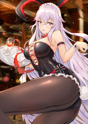 Rule 34 | 1girl, alcohol, animal ears, armband, armlet, azur lane, bare shoulders, black leotard, black pantyhose, bow, bowtie, breasts, cleavage, cowboy shot, cross, cross-laced leotard, cup, darcy (pixiv11949485), drinking glass, fake animal ears, fingernails, frilled armband, frilled leotard, frills, glass, graf zeppelin (azur lane), hair between eyes, hands up, highres, holding, holding tray, indoors, iron cross, large breasts, leg up, leotard, long fingernails, long hair, looking at viewer, maid headdress, nail polish, pantyhose, parted lips, playboy bunny, purple eyes, rabbit ears, rabbit tail, red bow, red bowtie, red nails, silver hair, skin tight, smile, solo, spilling, standing, standing on one leg, strapless, strapless leotard, tail, tray, very long hair, waitress, wine, wine glass, wrist cuffs