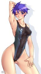 Rule 34 | 1girl, abs, arm behind head, armpits, blush, breasts, cameltoe, character request, cleavage, covered erect nipples, female focus, hip focus, large breasts, muscular, nipples, one-piece swimsuit, one eye closed, qkat (arikawa-dou), short hair, skin tight, solo, swimsuit, thick thighs, thigh gap, thighs, white background, wink