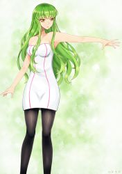 Rule 34 | 1girl, alternate costume, arm at side, armpits, bad id, bad pixiv id, bare arms, bare shoulders, black pantyhose, blush, breasts, c.c., cleavage, code geass, collarbone, dress, green background, green hair, highres, long hair, looking to the side, lucky keai, medium breasts, neck, open mouth, outstretched arm, pantyhose, shiny clothes, sidelocks, solo, standing, strapless, strapless dress, thighhighs, tube dress, white dress, yellow eyes