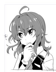 Rule 34 | 10s, 1girl, ahoge, arashi (kancolle), eyebrows, female focus, gloves, greyscale, hair between eyes, hand on own chin, kantai collection, looking away, looking to the side, messy hair, monochrome, myama, short hair, simple background, solo, upper body, vest, white background
