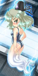 Rule 34 | &gt;:&lt;, 1girl, :&lt;, arm at side, aura, bare arms, bare shoulders, black hat, blue one-piece swimsuit, blush, breasts, closed mouth, commentary request, electricity, from side, full body, ghost tail, green eyes, green hair, hand on own hip, hat, looking at viewer, looking back, one-piece swimsuit, school swimsuit, shiny clothes, shiny skin, short hair, small breasts, soga no tojiko, solo, swimsuit, tate eboshi, touhou, v-shaped eyebrows, winn