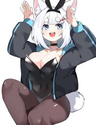 Rule 34 | 1girl, animal ears, blue eyes, breasts, cat ears, highres, large breasts, original, simple background, solo, tail, thighs, wang0424, white background, white hair