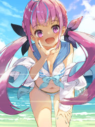Rule 34 | 1girl, :d, ahoge, arm up, bikini, blue hair, blue sky, blunt bangs, braid, breasts, cleavage, cloud, collarbone, colored inner hair, day, gluteal fold, hair ribbon, hand on own thigh, highres, hololive, jacket, leaning forward, long hair, looking at viewer, minato aqua, multicolored hair, nail polish, navel, ocean, open mouth, outdoors, purple eyes, purple hair, ribbon, saboten mushi, sailor collar, sidelocks, sky, small breasts, smile, solo, striped bikini, striped clothes, swimsuit, thigh gap, thighs, twintails, two-tone hair, virtual youtuber, wet, wet clothes, white jacket
