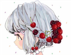 Rule 34 | 1girl, bad id, bad pixiv id, bead necklace, beads, blush, braid, cherry, cherry earrings, earrings, eyelashes, food, food-themed earrings, food themed earrings, from side, fruit, grey hair, hair ornament, heart, jewelry, makeup, necklace, nucco, original, parted lips, portrait, profile, short hair, simple background, solo