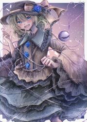 Rule 34 | 1girl, :d, absurdres, annin cha, black hat, blue flower, blue rose, blush, border, bow, flower, frilled sleeves, frills, hat, hat bow, hat ribbon, heart, heart of string, highres, holding, holding phone, komeiji koishi, long sleeves, looking at viewer, open mouth, outside border, phone, ribbon, rose, shirt, skirt, smile, solo, third eye, touhou, white border, wide sleeves, yellow shirt
