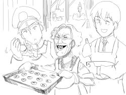 Rule 34 | 1girl, 2boys, apron, baking, character request, cookie, cookie clicker, factory, farm, food, grandma (cookie clicker), greyscale, highres, monochrome, multiple boys, niku-name, rocket, sketch