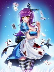 Rule 34 | 1girl, ace (playing card), ace of diamonds, ace of spades, alice (alice in wonderland), alice in wonderland, apron, black thighhighs, blood, blood on clothes, blood stain, blue background, blue dress, breast hold, breasts, card, cleavage, diamond (shape), dress, drink me potion, king (playing card), king of spades, lipstick, long hair, maid apron, makeup, mole, mole under eye, playing card, puffy short sleeves, puffy sleeves, purple hair, queen (playing card), queen of diamonds, rrose, short sleeves, spade (shape), standing, striped clothes, striped thighhighs, thighhighs, white thighhighs, yellow eyes