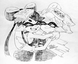Rule 34 | 2girls, :d, ^ ^, bare shoulders, bow-shaped hair, breasts, callie (splatoon), closed eyes, closed mouth, commentary request, cropped legs, dress, earrings, fangs, gloves, graphite (medium), hands on another&#039;s waist, hoop earrings, hug, inkling, isamu-ki (yuuki), jewelry, long hair, looking at another, marie (splatoon), mole, mole under eye, monochrome, multiple girls, nintendo, one eye closed, open mouth, pointy ears, short hair, short jumpsuit, signature, small breasts, smile, splatoon (series), star-shaped pupils, star (symbol), strapless, strapless dress, suction cups, swept bangs, symbol-shaped pupils, tentacle hair, traditional media, twintails, v-shaped eyebrows, very long hair