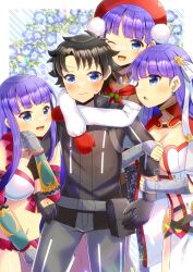 Rule 34 | 1boy, 3girls, :d, ;d, arm between breasts, bare shoulders, beret, between breasts, black gloves, black hair, black jacket, blue eyes, blue flower, blush, breasts, brown shirt, cleavage, closed mouth, collared shirt, command spell, commentary request, commission, diagonal stripes, fate/grand order, fate (series), floral background, flower, flying sweatdrops, fujimaru ritsuka (male), gauntlets, gloves, grey pants, hat, hug, hug from behind, jacket, kou hiyoyo, long hair, long sleeves, martha (fate), martha (santa) (fate), martha (swimsuit ruler) (fate), medium breasts, mittens, multiple girls, navel, off-shoulder shirt, off shoulder, one eye closed, open mouth, pants, parted bangs, parted lips, profile, puffy long sleeves, puffy sleeves, purple hair, red headwear, red mittens, shirt, skeb commission, smile, striped, striped background, very long hair, wavy mouth, white shirt