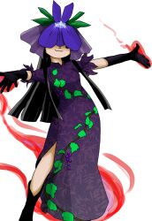 Rule 34 | 1girl, black gloves, black hair, blush stickers, china dress, chinese clothes, closed mouth, dress, flower, food print, fruit print, gloves, grape print, hime cut, long hair, non-web source, official art, outstretched arms, purple dress, purple flower, short sleeves, sidelocks, smile, solo, touhou, transparent background, unfinished dream of all living ghost, vine print, yomotsu hisami, zun (artist)