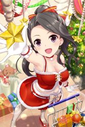 Rule 34 | 1girl, alternative girls, black hair, bow, breasts, christmas ornaments, christmas tree, cleavage, gift, gloves, highres, long hair, official art, open mouth, pantyhose, ponytail, purple eyes, red bow, red footwear, saionji rei, santa costume, sleeveless, smile, star ornament, stuffed animal, stuffed toy, teddy bear, white gloves